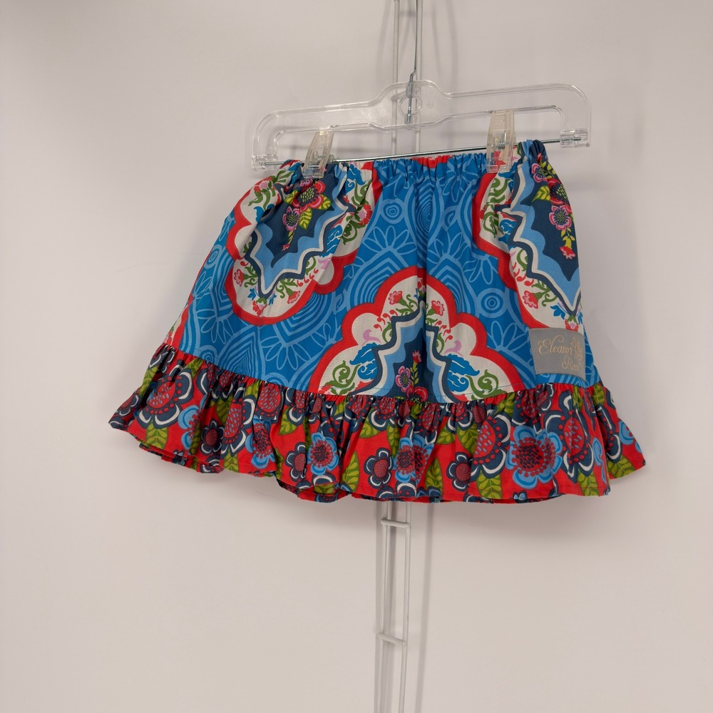 Eleanor Rose Ruffle Skirt Girls 3-4 Blue Red Floral Medallion Boho Cottagecore